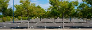 large commercial parking lot with many trees